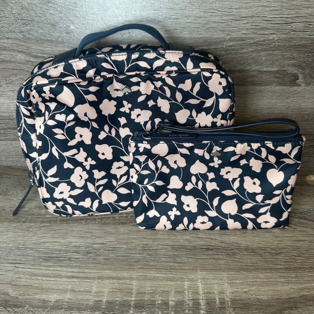 Kate Spade 2 Pc Jae Garden Vine Toiletry Bag Navy Pink Cosmetic Case Wristlet